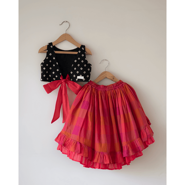 Love the World Today Laddoo Cotton Black Bandhani Top With Checkered Lehenga Set- Girls