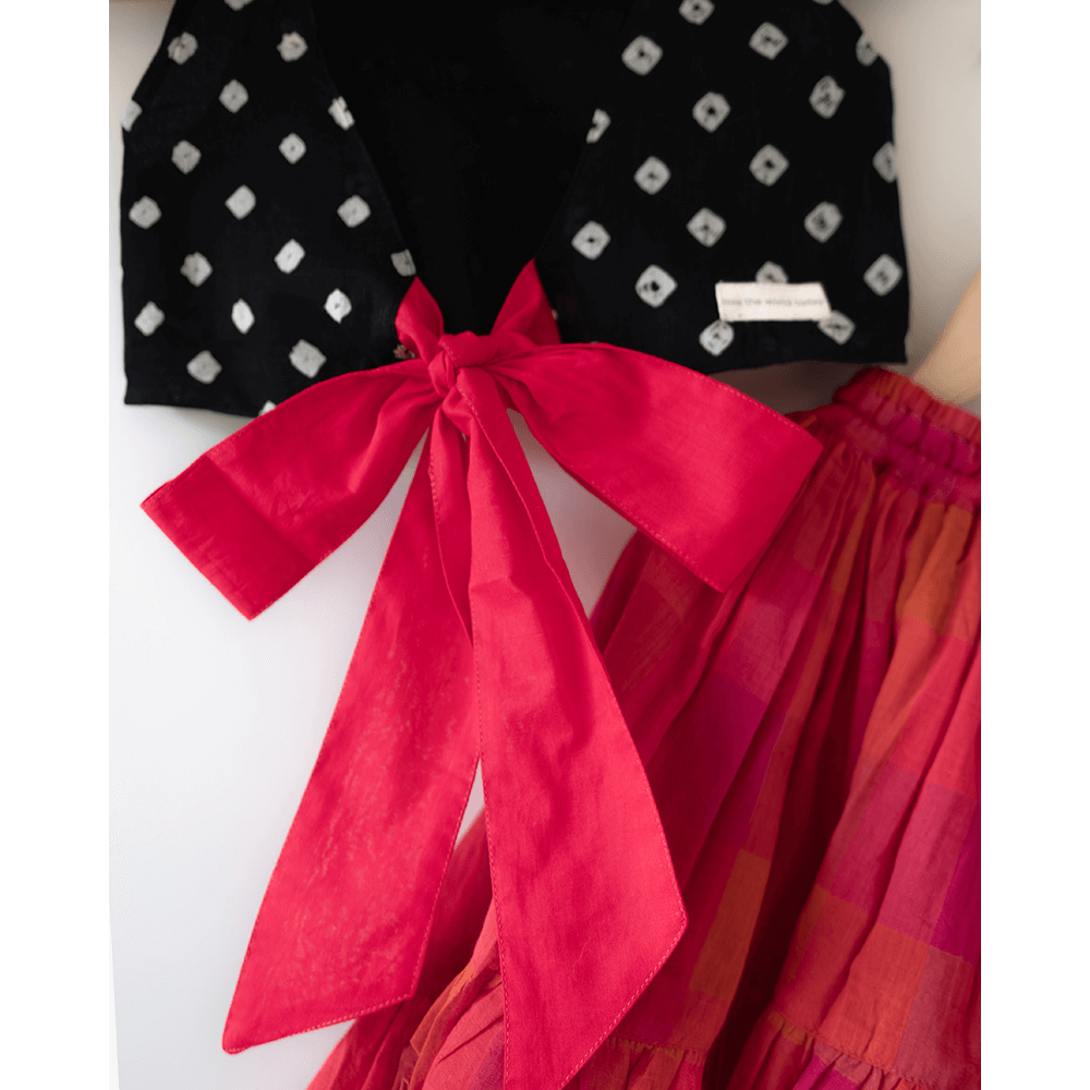 Love the World Today Laddoo Cotton Black Bandhani Top With Checkered Lehenga Set- Girls