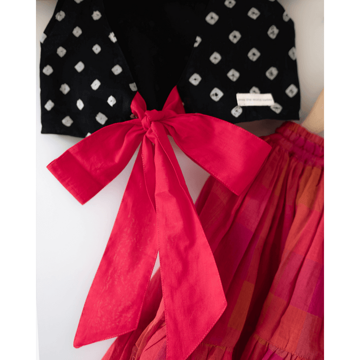 Love the World Today Laddoo Cotton Black Bandhani Top With Checkered Lehenga Set- Girls