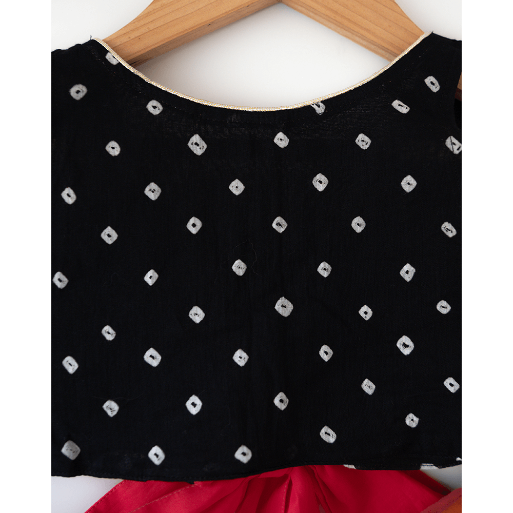 Love the World Today Laddoo Cotton Black Bandhani Top With Checkered Lehenga Set- Girls