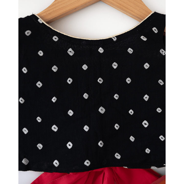 Love the World Today Laddoo Cotton Black Bandhani Top With Checkered Lehenga Set- Girls