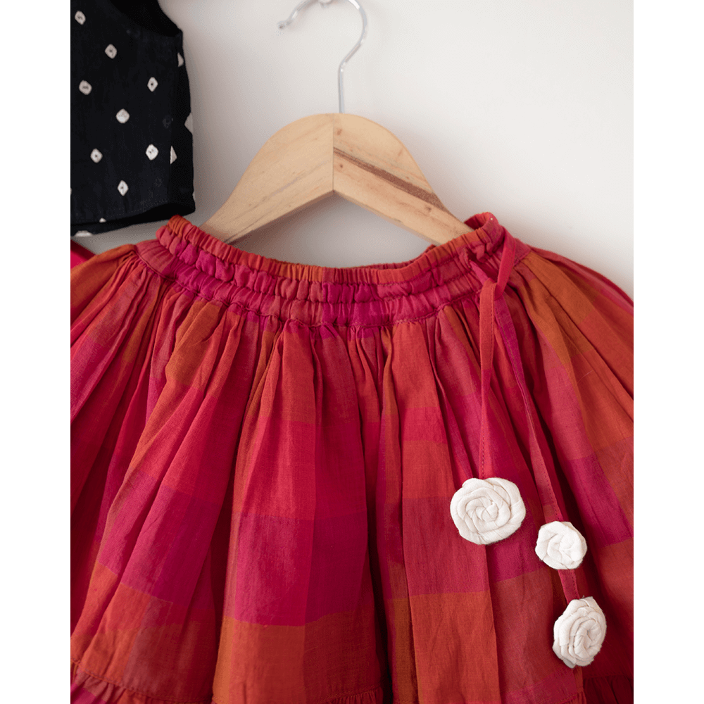 Love the World Today Laddoo Cotton Black Bandhani Top With Checkered Lehenga Set- Girls