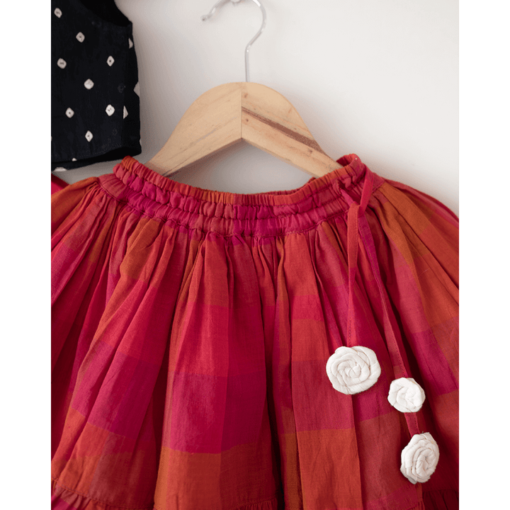 Love the World Today Laddoo Cotton Black Bandhani Top With Checkered Lehenga Set- Girls