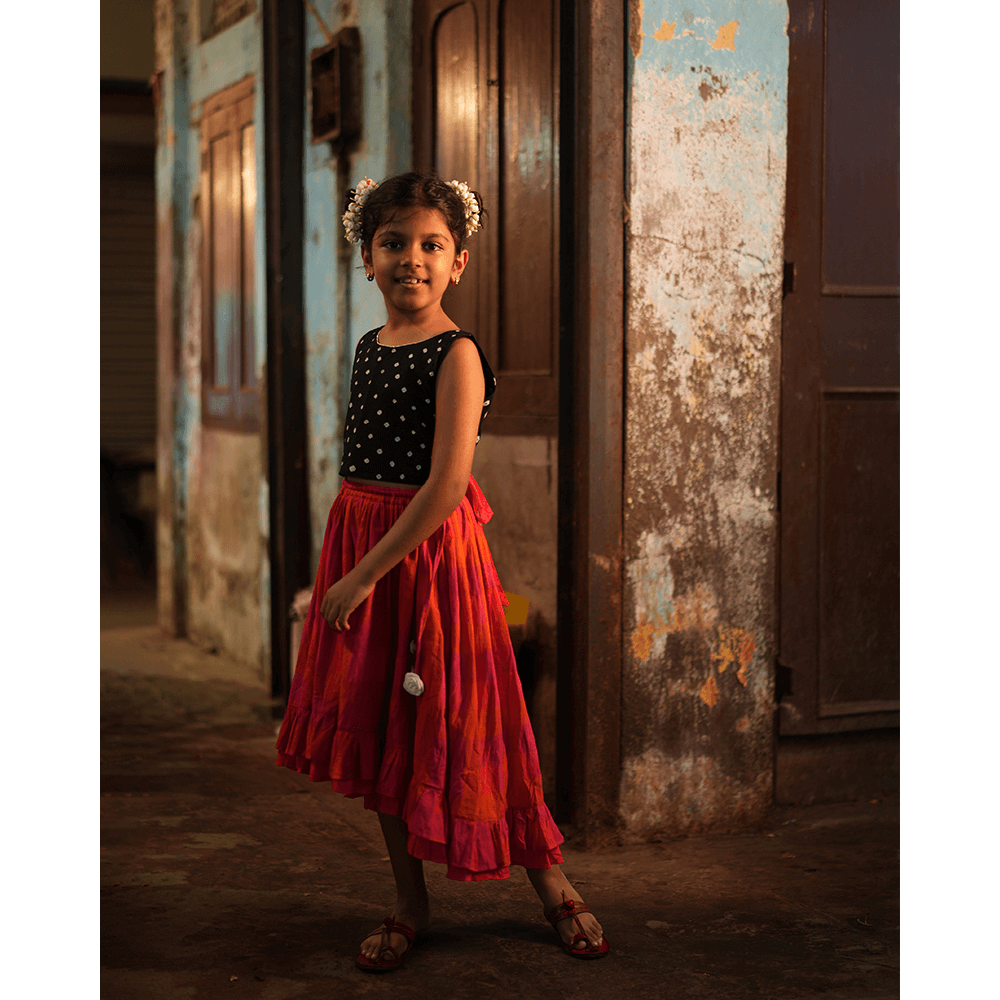 Love the World Today Laddoo Cotton Black Bandhani Top With Checkered Lehenga Set- Girls
