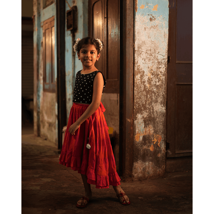 Love the World Today Laddoo Cotton Black Bandhani Top With Checkered Lehenga Set- Girls