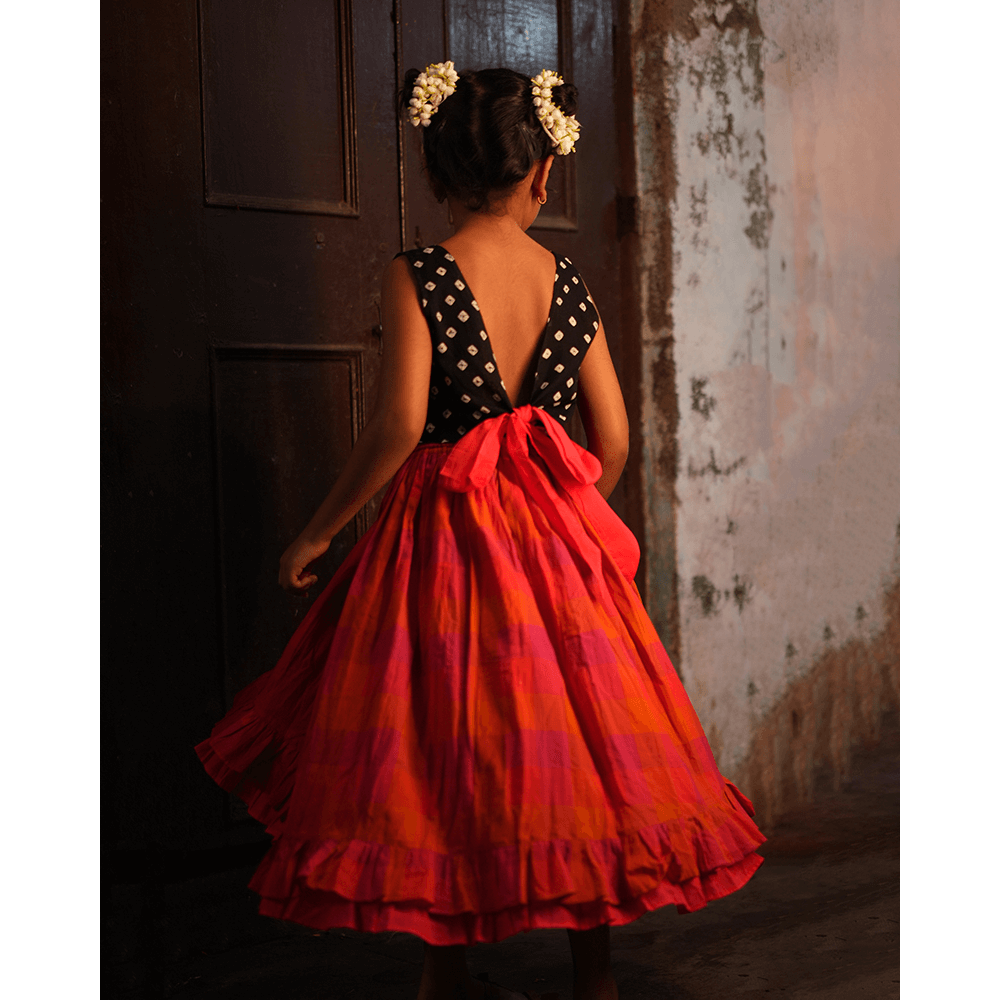 Love the World Today Laddoo Cotton Black Bandhani Top With Checkered Lehenga Set- Girls