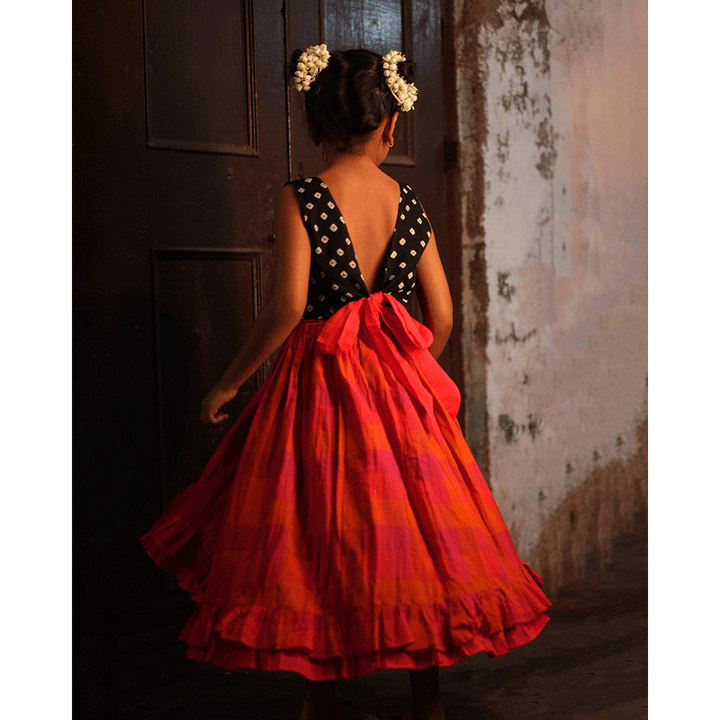 Love the World Today Laddoo Cotton Black Bandhani Top With Checkered Lehenga Set- Girls
