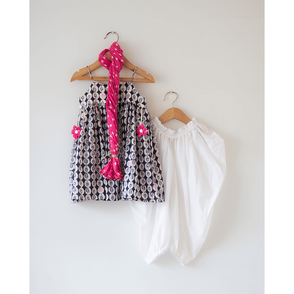 Love the World Today Nila Cotton Monstera Print Kurta With White Cowl Dhoti Pants Coord Set- Girls