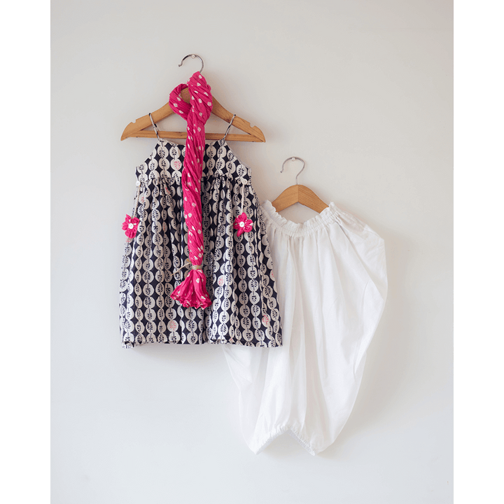 Love the World Today Nila Cotton Monstera Print Kurta With White Cowl Dhoti Pants Coord Set- Girls