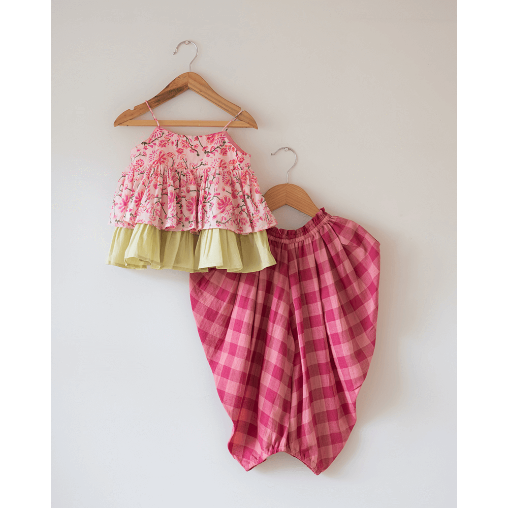 Love The World Today Leela Cotton Pink Floral Flared Top With Pink Checkered Pants Coord Set- Girls