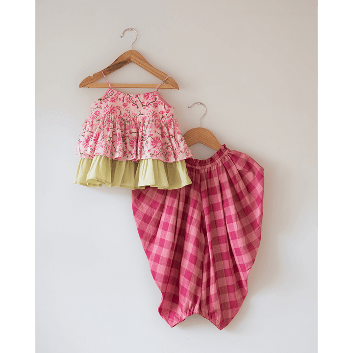 Love The World Today Leela Cotton Pink Floral Flared Top With Pink Checkered Pants Coord Set- Girls