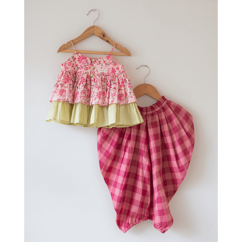 Love The World Today Leela Cotton Pink Floral Flared Top With Pink Checkered Pants Coord Set- Girls