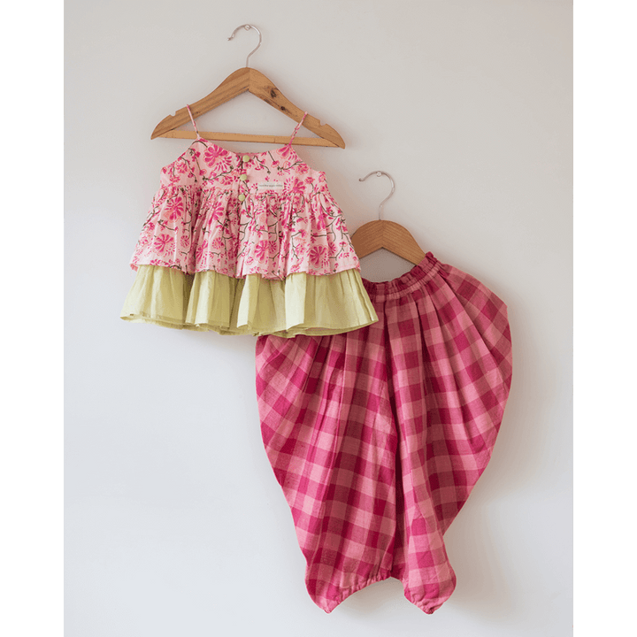 Love The World Today Leela Cotton Pink Floral Flared Top With Pink Checkered Pants Coord Set- Girls