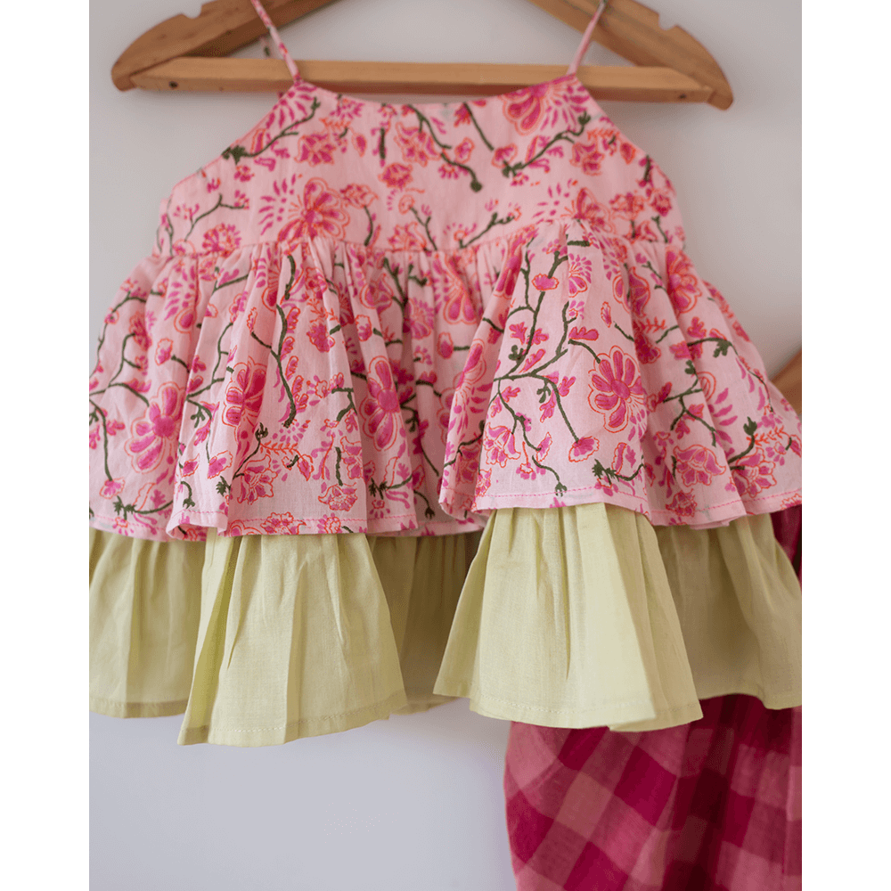 Love The World Today Leela Cotton Pink Floral Flared Top With Pink Checkered Pants Coord Set- Girls