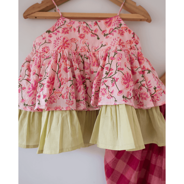 Love The World Today Leela Cotton Pink Floral Flared Top With Pink Checkered Pants Coord Set- Girls