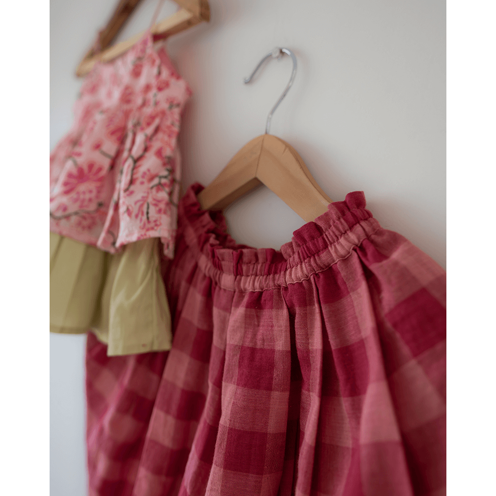 Love The World Today Leela Cotton Pink Floral Flared Top With Pink Checkered Pants Coord Set- Girls