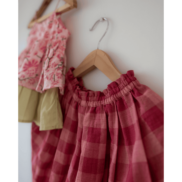 Love The World Today Leela Cotton Pink Floral Flared Top With Pink Checkered Pants Coord Set- Girls