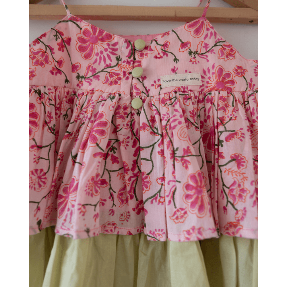 Love The World Today Leela Cotton Pink Floral Flared Top With Pink Checkered Pants Coord Set- Girls