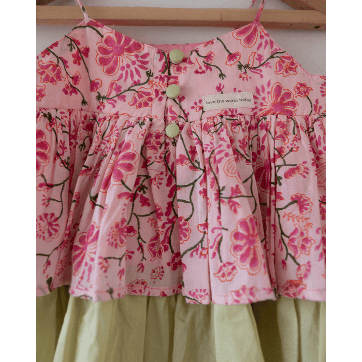 Love The World Today Leela Cotton Pink Floral Flared Top With Pink Checkered Pants Coord Set- Girls