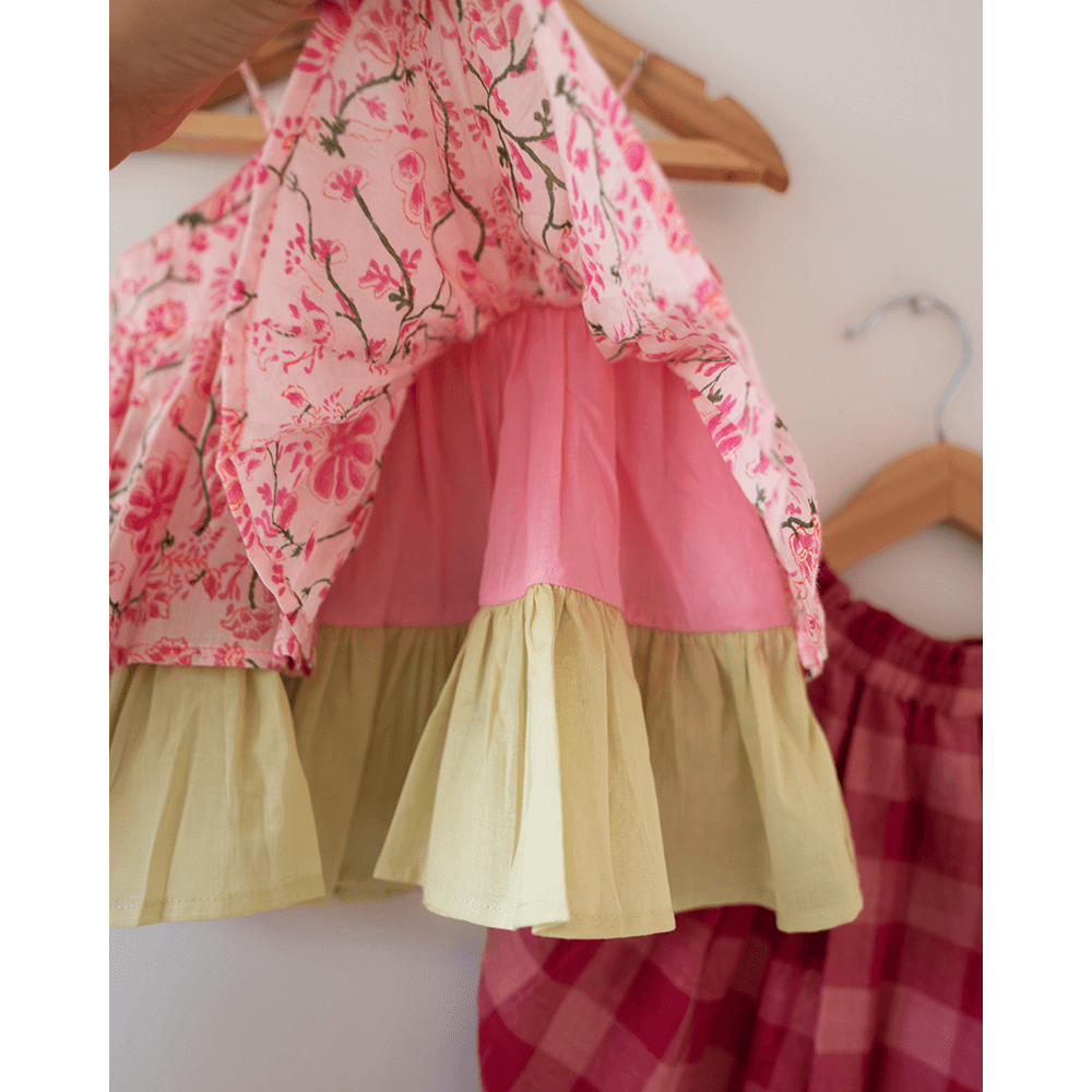 Love The World Today Leela Cotton Pink Floral Flared Top With Pink Checkered Pants Coord Set- Girls