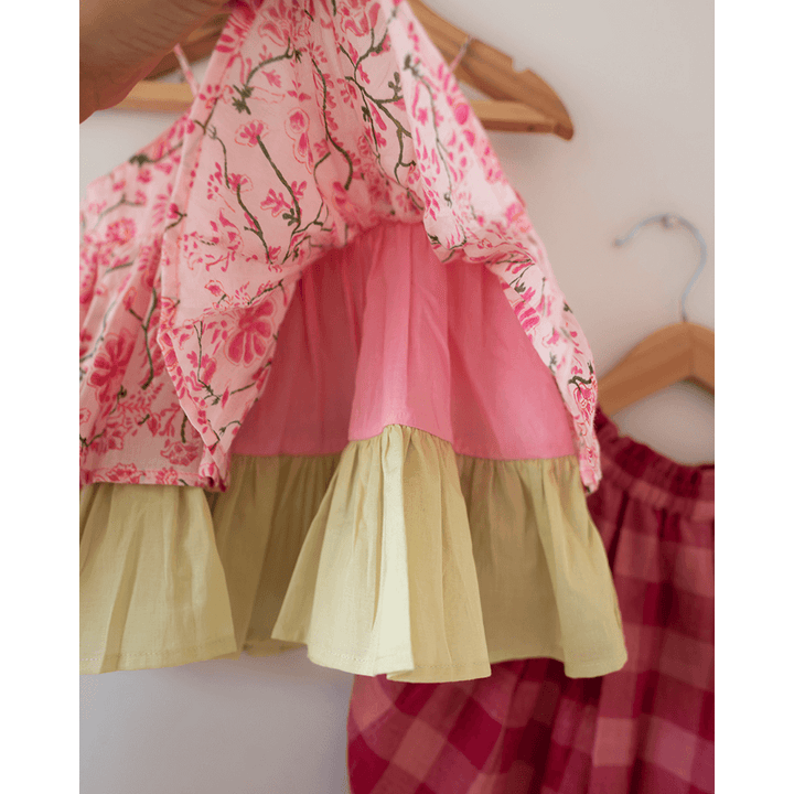 Love The World Today Leela Cotton Pink Floral Flared Top With Pink Checkered Pants Coord Set- Girls