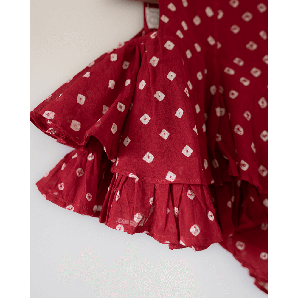 Love the World Today Gulal Cotton Red Bandhani Flowy Top and Skirt Coord Set- Girls