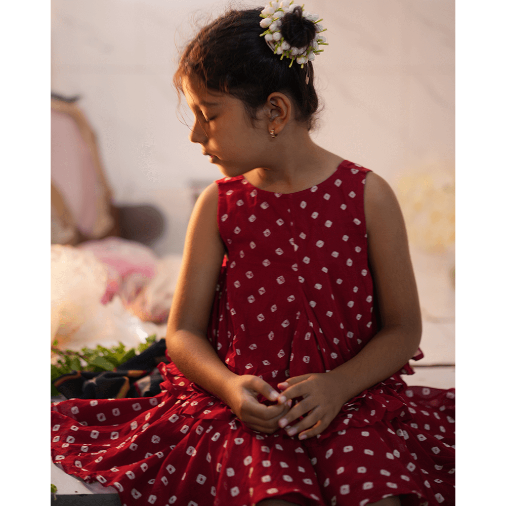 Love the World Today Gulal Cotton Red Bandhani Flowy Top and Skirt Coord Set- Girls