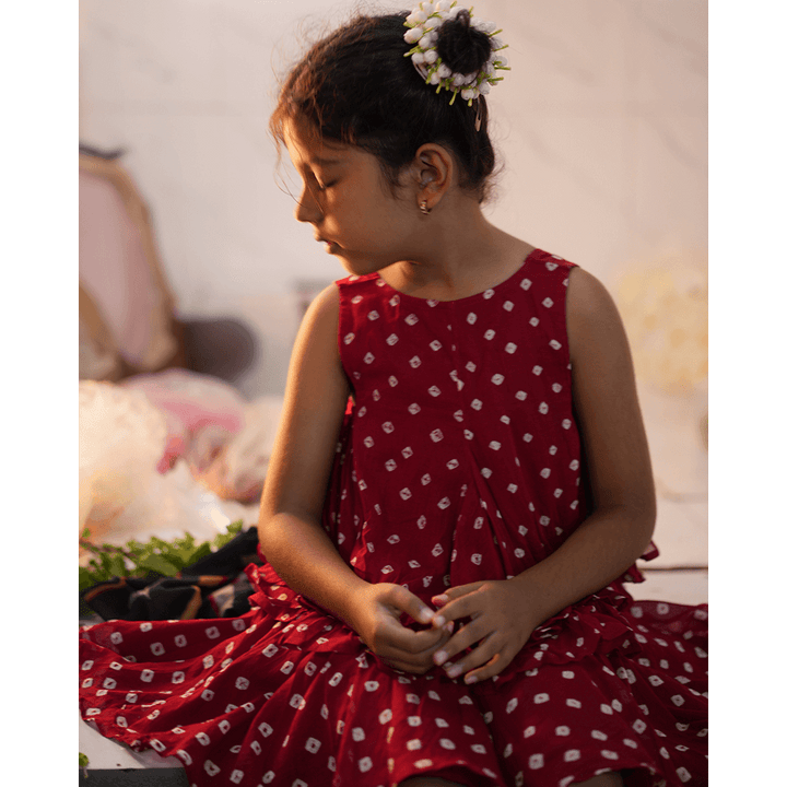 Love the World Today Gulal Cotton Red Bandhani Flowy Top and Skirt Coord Set- Girls