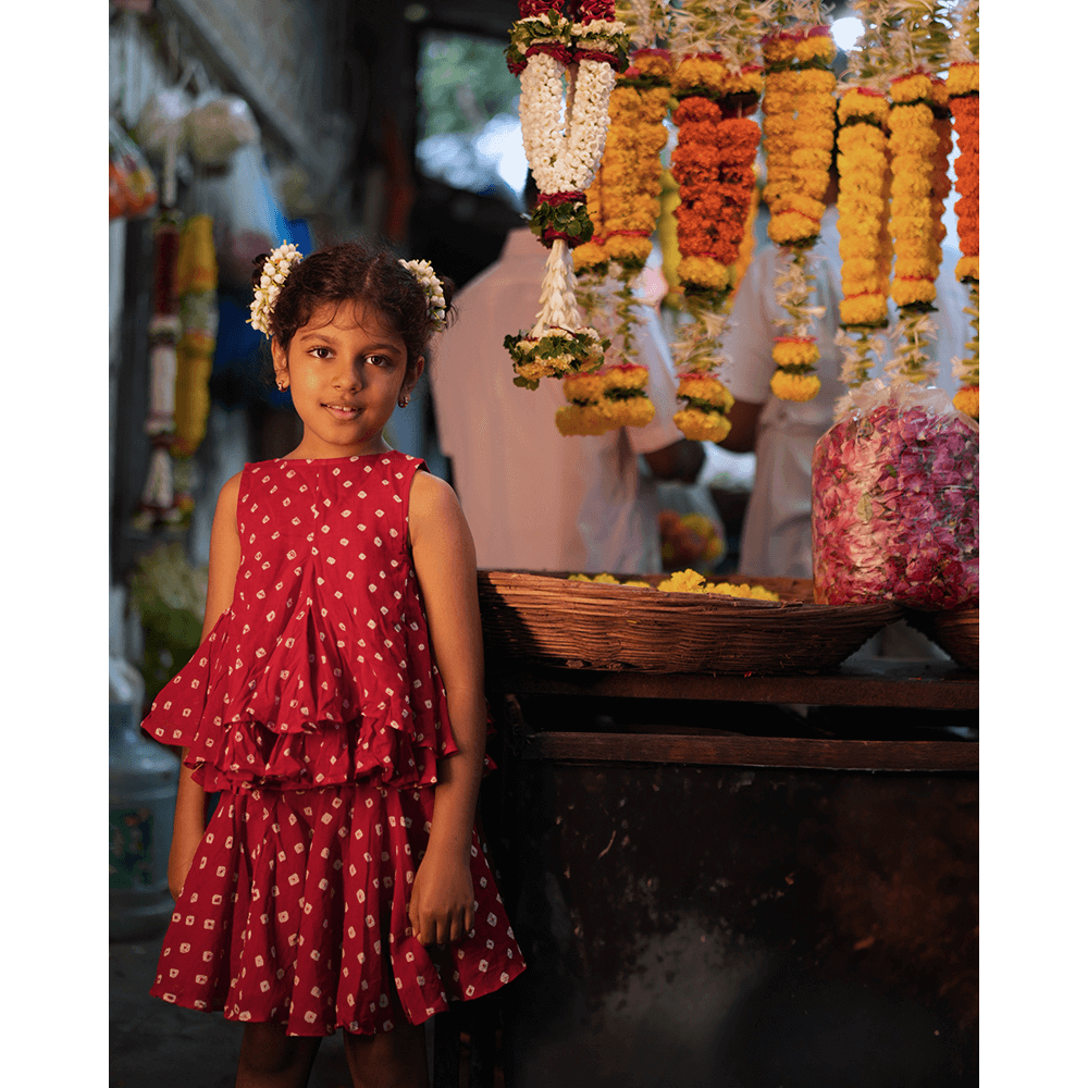 Love the World Today Gulal Cotton Red Bandhani Flowy Top and Skirt Coord Set- Girls
