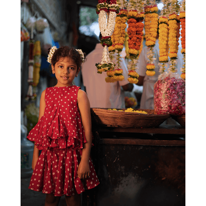 Love the World Today Gulal Cotton Red Bandhani Flowy Top and Skirt Coord Set- Girls