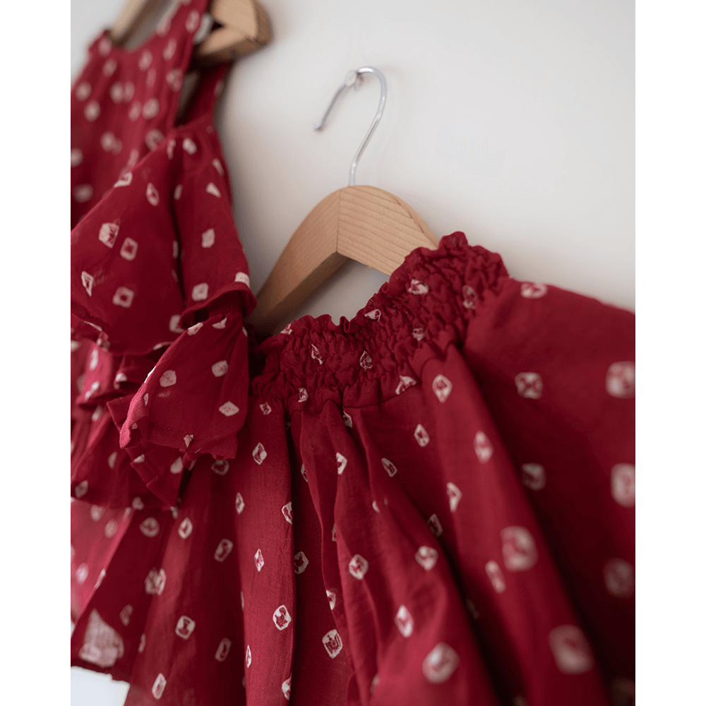 Love the World Today Gulal Cotton Red Bandhani Flowy Top and Skirt Coord Set- Girls