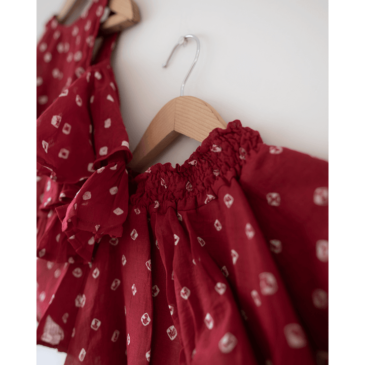 Love the World Today Gulal Cotton Red Bandhani Flowy Top and Skirt Coord Set- Girls