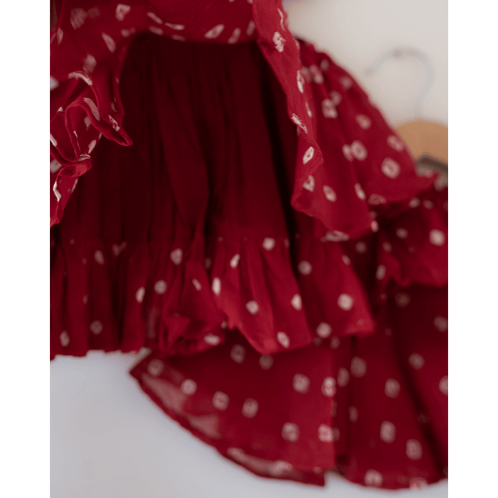 Love the World Today Gulal Cotton Red Bandhani Flowy Top and Skirt Coord Set- Girls