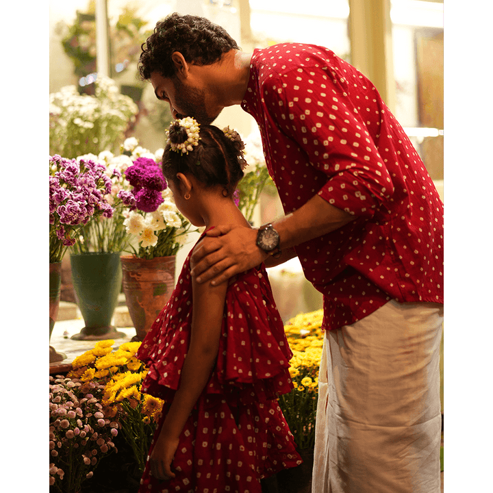 Love the World Today Gulal Cotton Red Bandhani Flowy Top and Skirt Coord Set- Girls