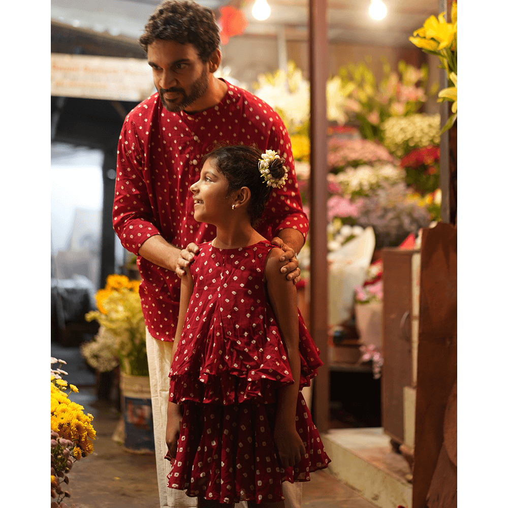 Love the World Today Gulal Cotton Red Bandhani Flowy Top and Skirt Coord Set- Girls