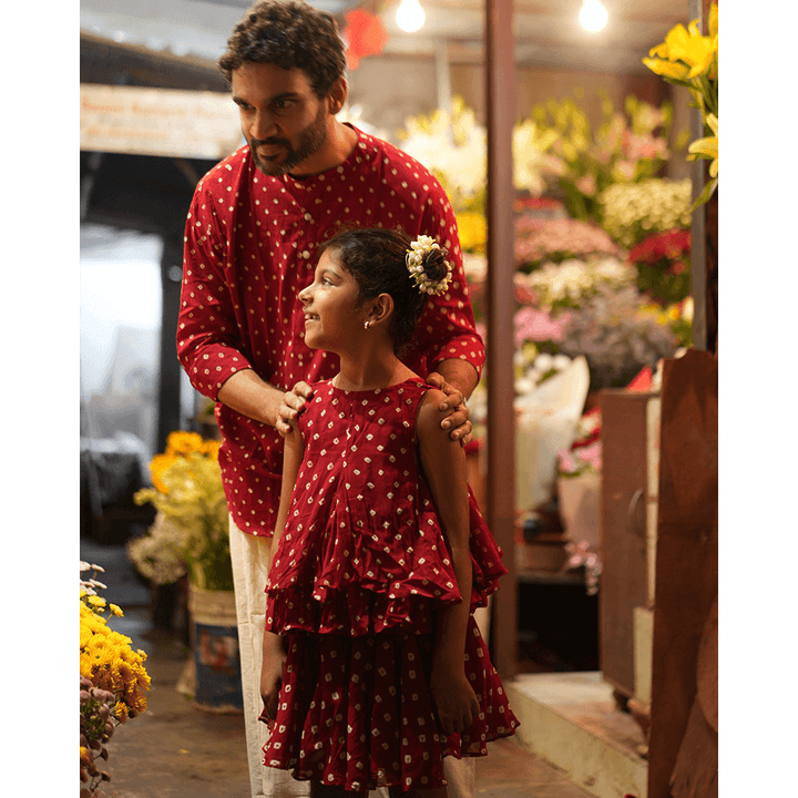 Love the World Today Gulal Cotton Red Bandhani Flowy Top and Skirt Coord Set- Girls