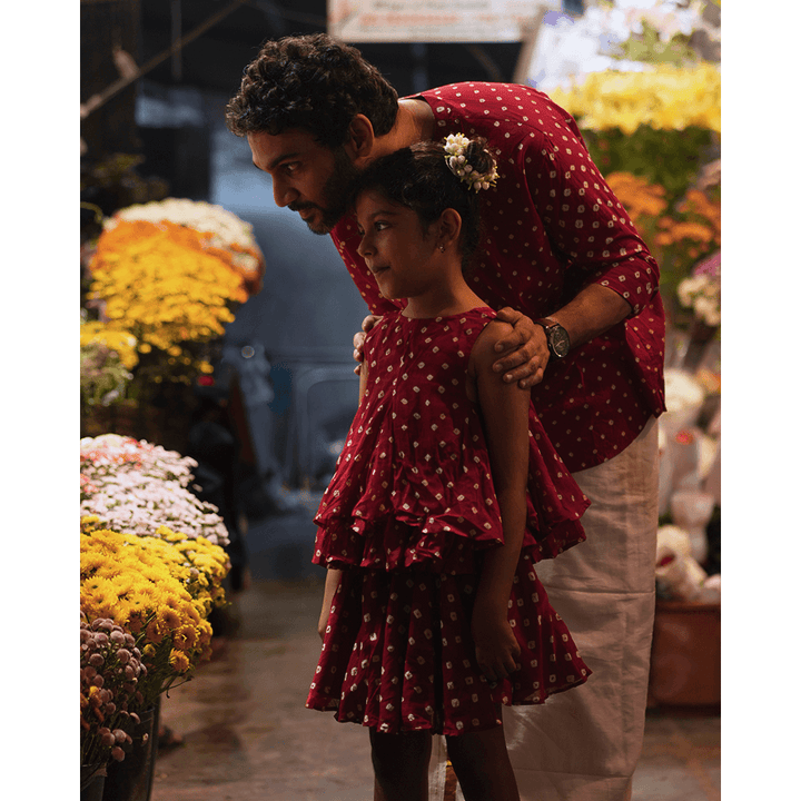 Love the World Today Gulal Cotton Red Bandhani Flowy Top and Skirt Coord Set- Girls