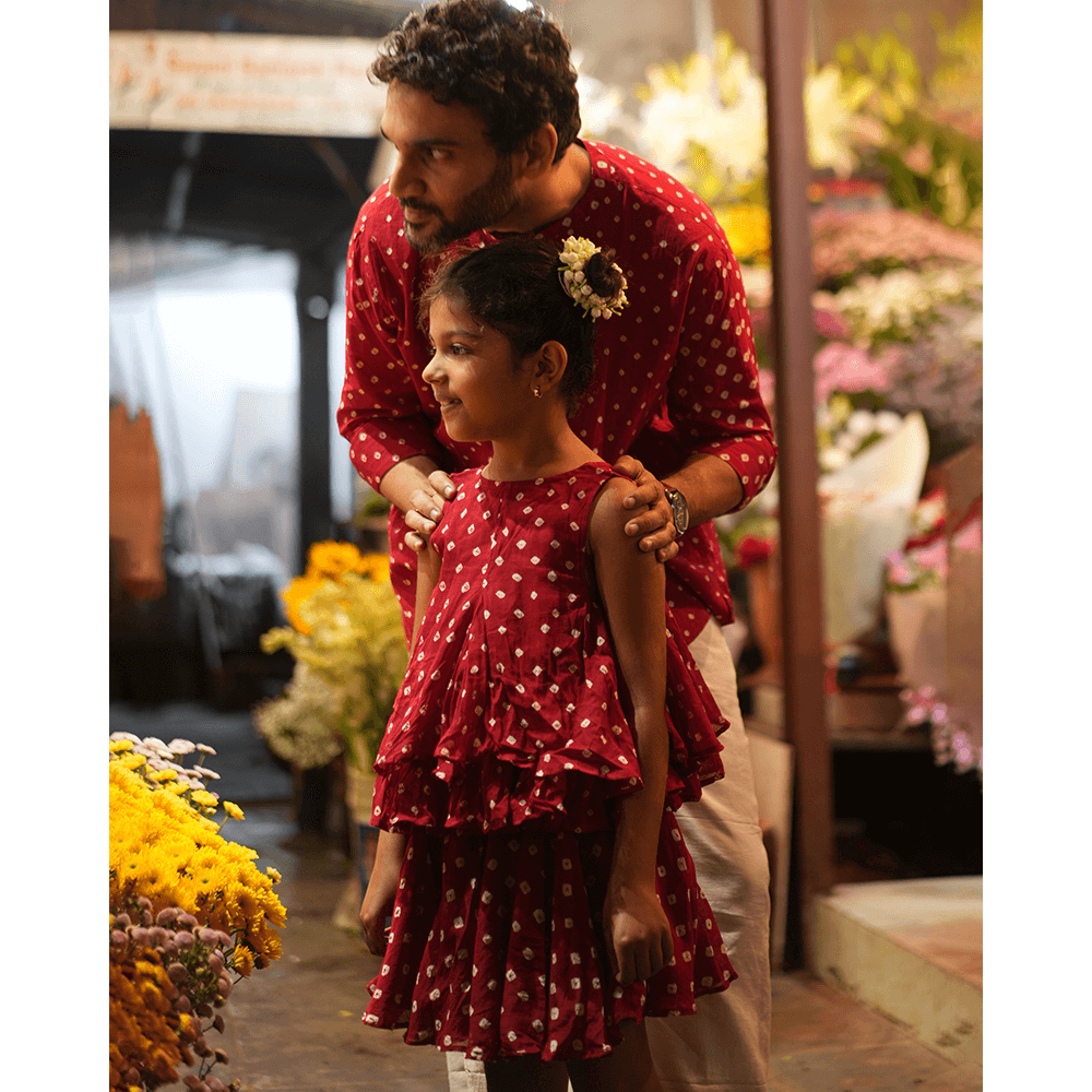 Love the World Today Gulal Cotton Red Bandhani Flowy Top and Skirt Coord Set- Girls