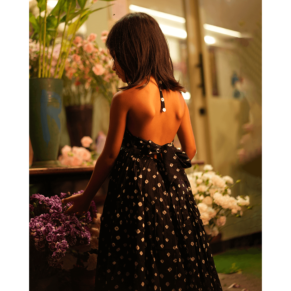 Love the World Today Tara Cotton Black Bandhani Halter Maxi Dress- Girls