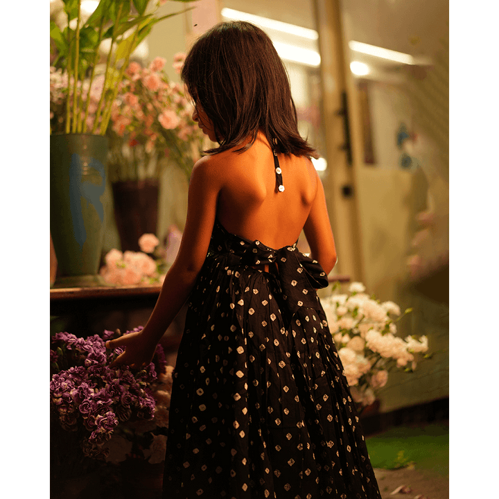 Love the World Today Tara Cotton Black Bandhani Halter Maxi Dress- Girls
