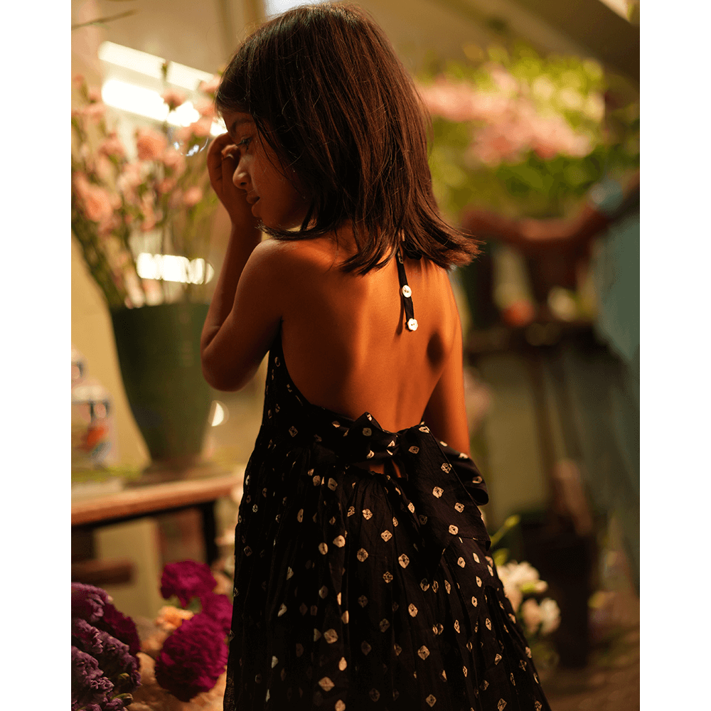 Love the World Today Tara Cotton Black Bandhani Halter Maxi Dress- Girls