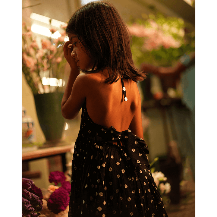 Love the World Today Tara Cotton Black Bandhani Halter Maxi Dress- Girls