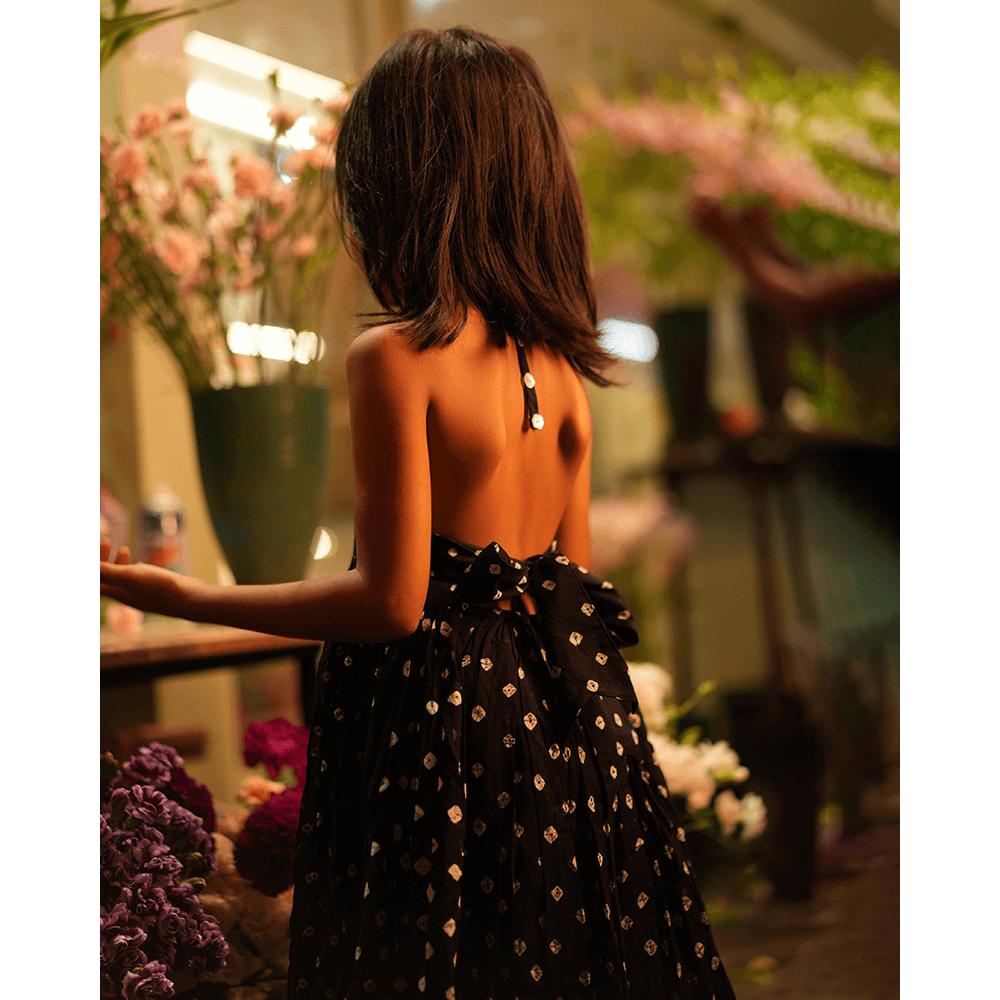 Love the World Today Tara Cotton Black Bandhani Halter Maxi Dress- Girls
