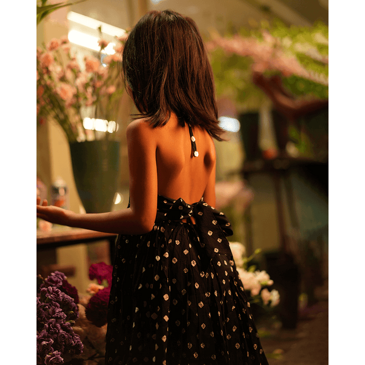 Love the World Today Tara Cotton Black Bandhani Halter Maxi Dress- Girls