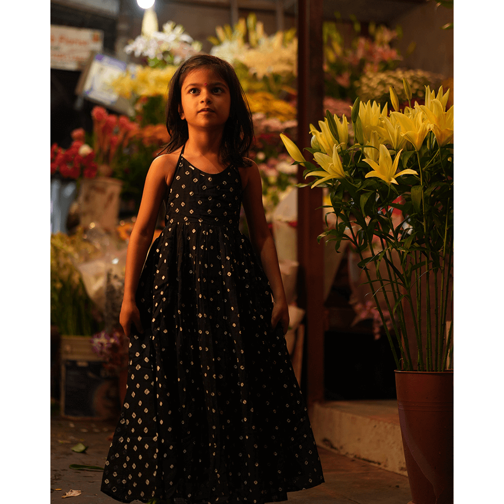Love the World Today Tara Cotton Black Bandhani Halter Maxi Dress- Girls