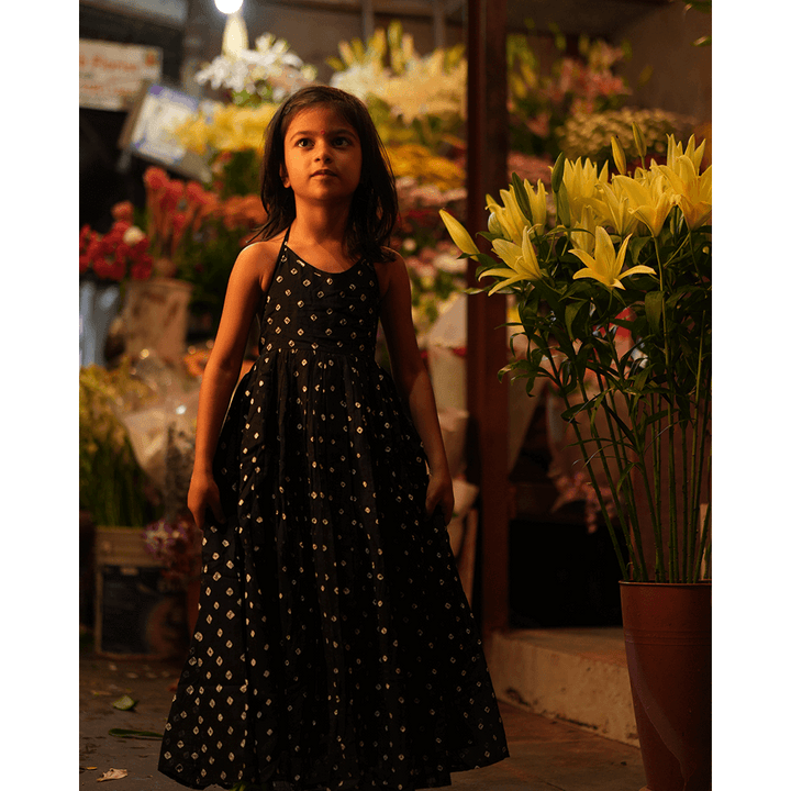 Love the World Today Tara Cotton Black Bandhani Halter Maxi Dress- Girls