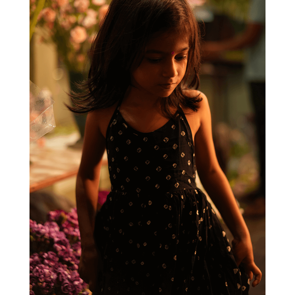 Love the World Today Tara Cotton Black Bandhani Halter Maxi Dress- Girls