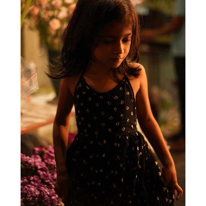 Love the World Today Tara Cotton Black Bandhani Halter Maxi Dress- Girls