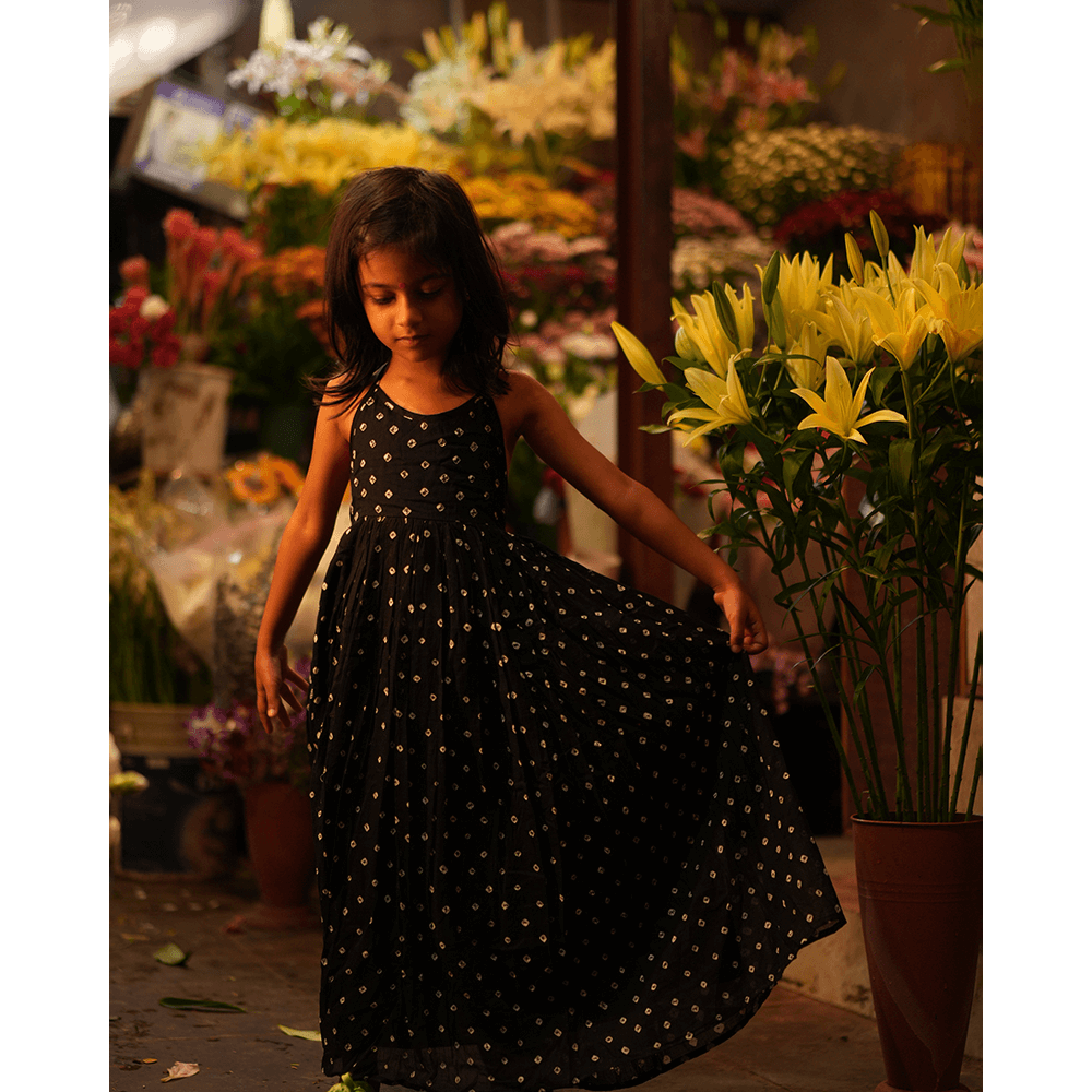 Love the World Today Tara Cotton Black Bandhani Halter Maxi Dress- Girls