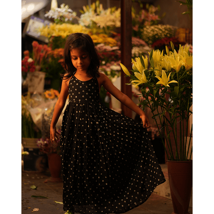 Love the World Today Tara Cotton Black Bandhani Halter Maxi Dress- Girls